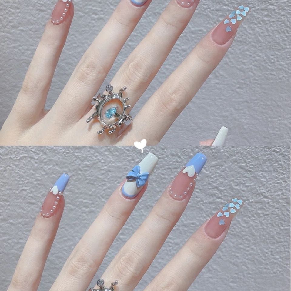 Designer: DuoDuo 1418.Handmade nails Press on Nails DIY Nail Art for woman girl Coffin Long French pink