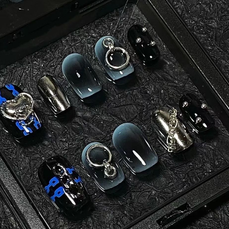 Designer: PinPin 1402.Handmade nails Press on Nails DIY Nail Art for woman girl Short Coffin black blue Metal