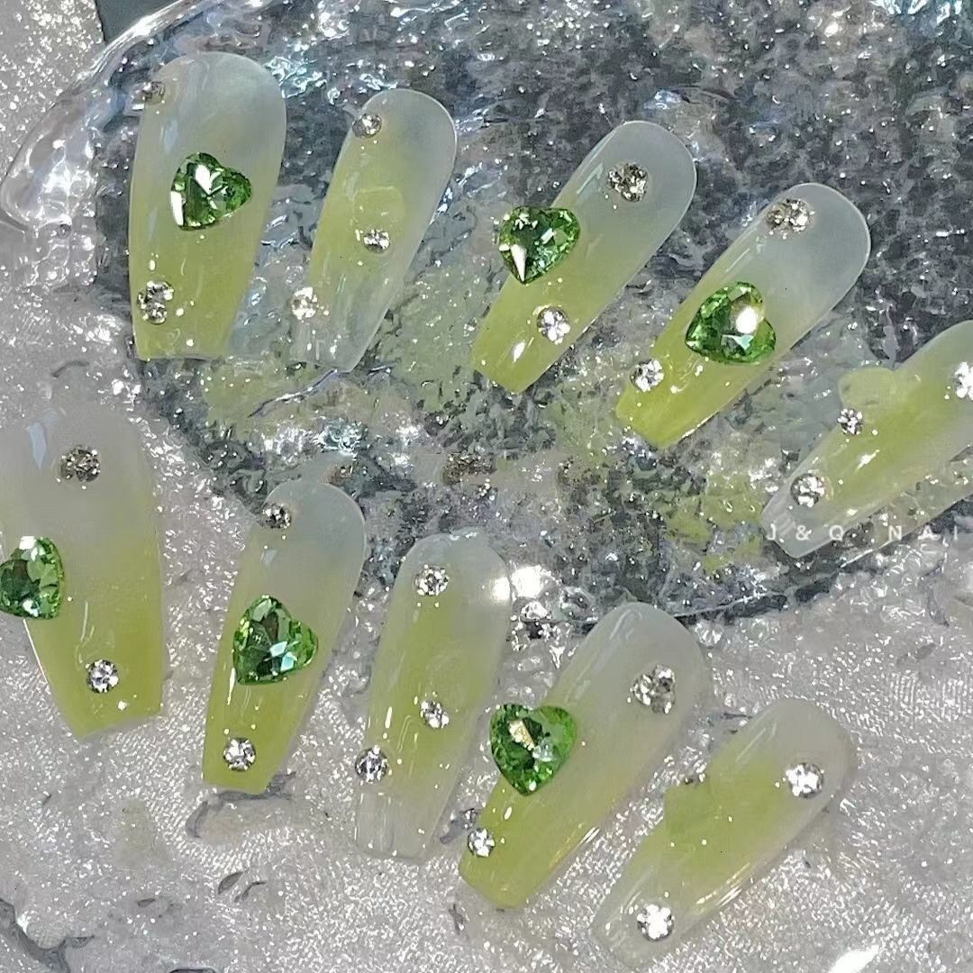 Designer: PinPin 1118.Handmade nails Press on Nails DIY Nail Art for woman girl green Long Coffin rhinestone