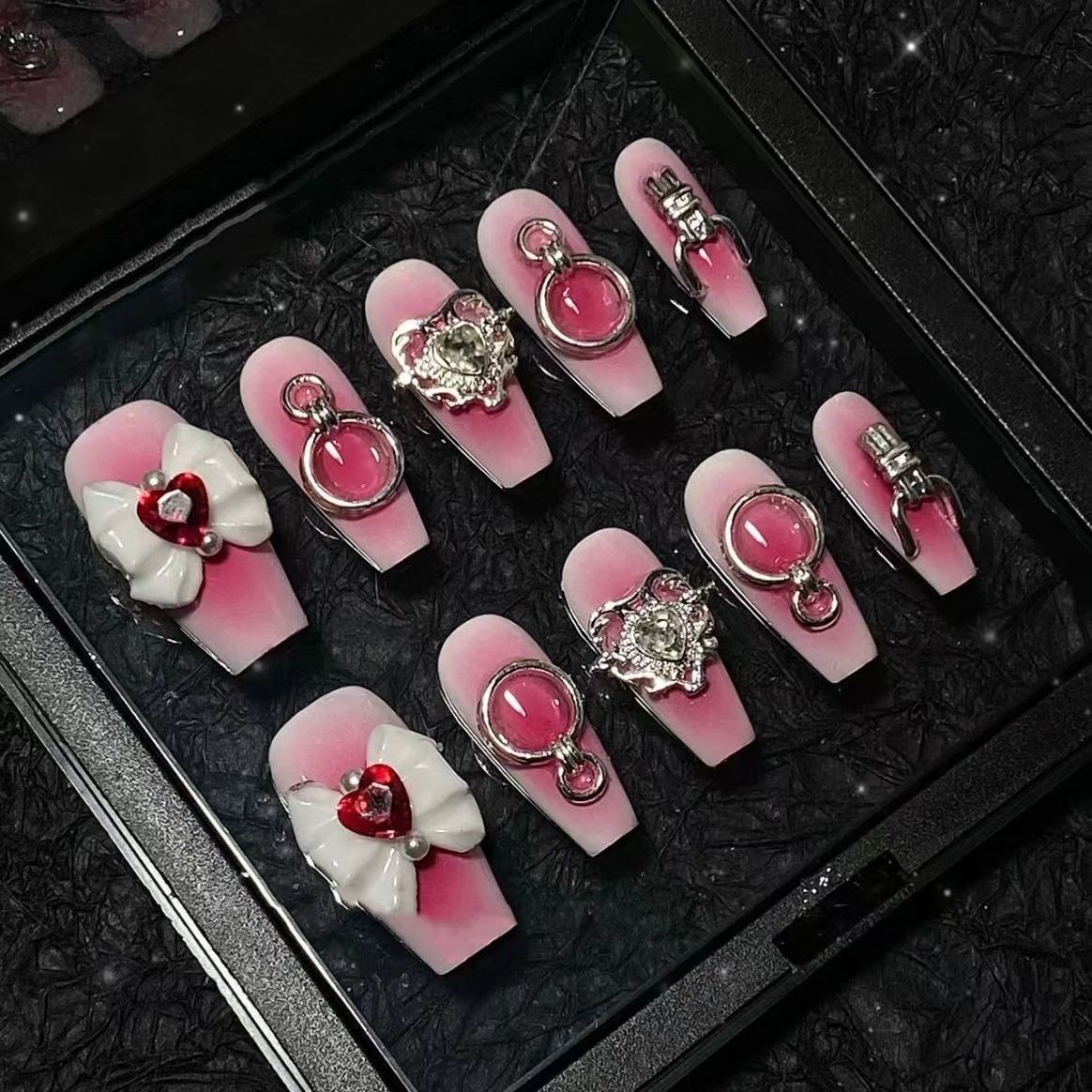 Designer: PinPin 1408.Handmade nails Press on Nails DIY Nail Art for woman girl Long Coffin pink Metal