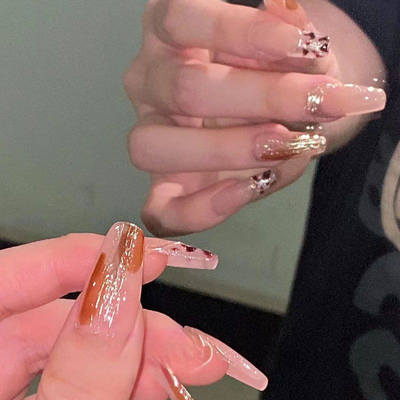 Designer: DuoDuo 1305.Handmade nails Press on Nails DIY Nail Art for woman girl Long Coffin pink