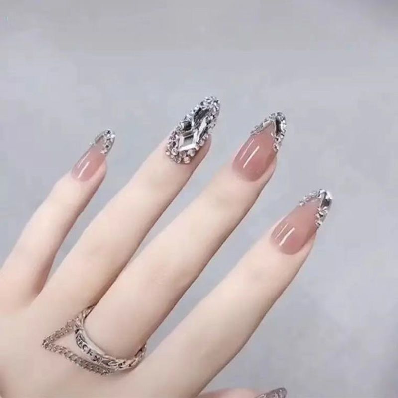 Designer: DuoDuo 1313.Handmade nails Press on Nails DIY Nail Art for woman girl Long Almond rhinestone pink