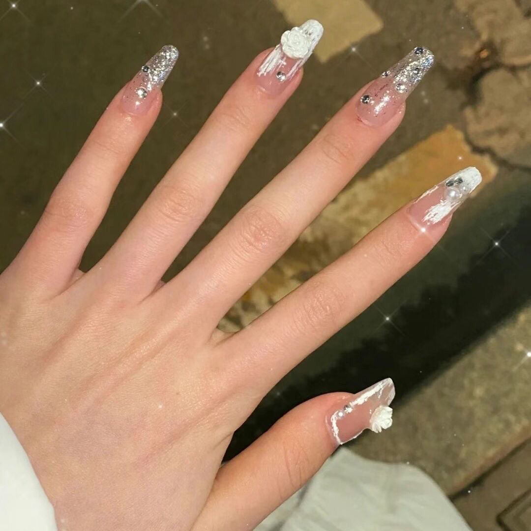 Designer: DuoDuo 1503.Handmade nails Press on Nails DIY Nail Art for woman girl Coffin wedding pink white Long