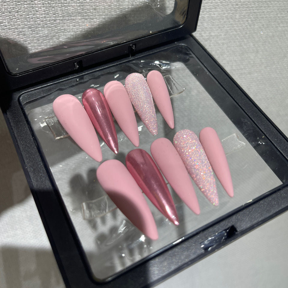 Designer: PinPin 5001.Handmade nails Press on Nails DIY Nail Art for woman girl Long Almond pink