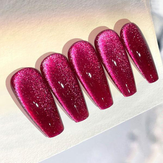 Designer: PinPin 1202.Handmade nails Press on Nails DIY Nail Art for woman girl cat's eyes red mauve Long Coffin