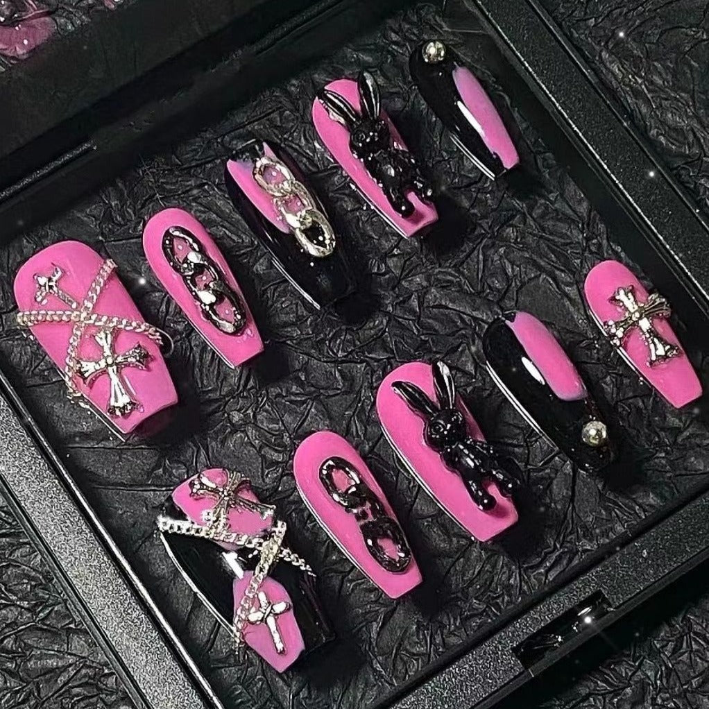 Designer: PinPin 1422.Handmade nails Press on Nails DIY Nail Art for woman girl Long Coffin pink Metal