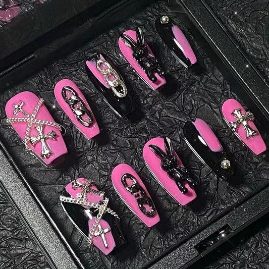 Designer: PinPin 1422.Handmade nails Press on Nails DIY Nail Art for woman girl Long Coffin pink Metal