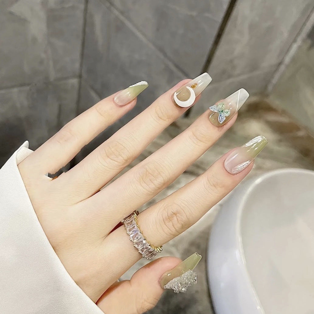 Designer: DuoDuo 2048.Handmade nails Press on Nails DIY Nail Art for woman girl Long Coffin green
