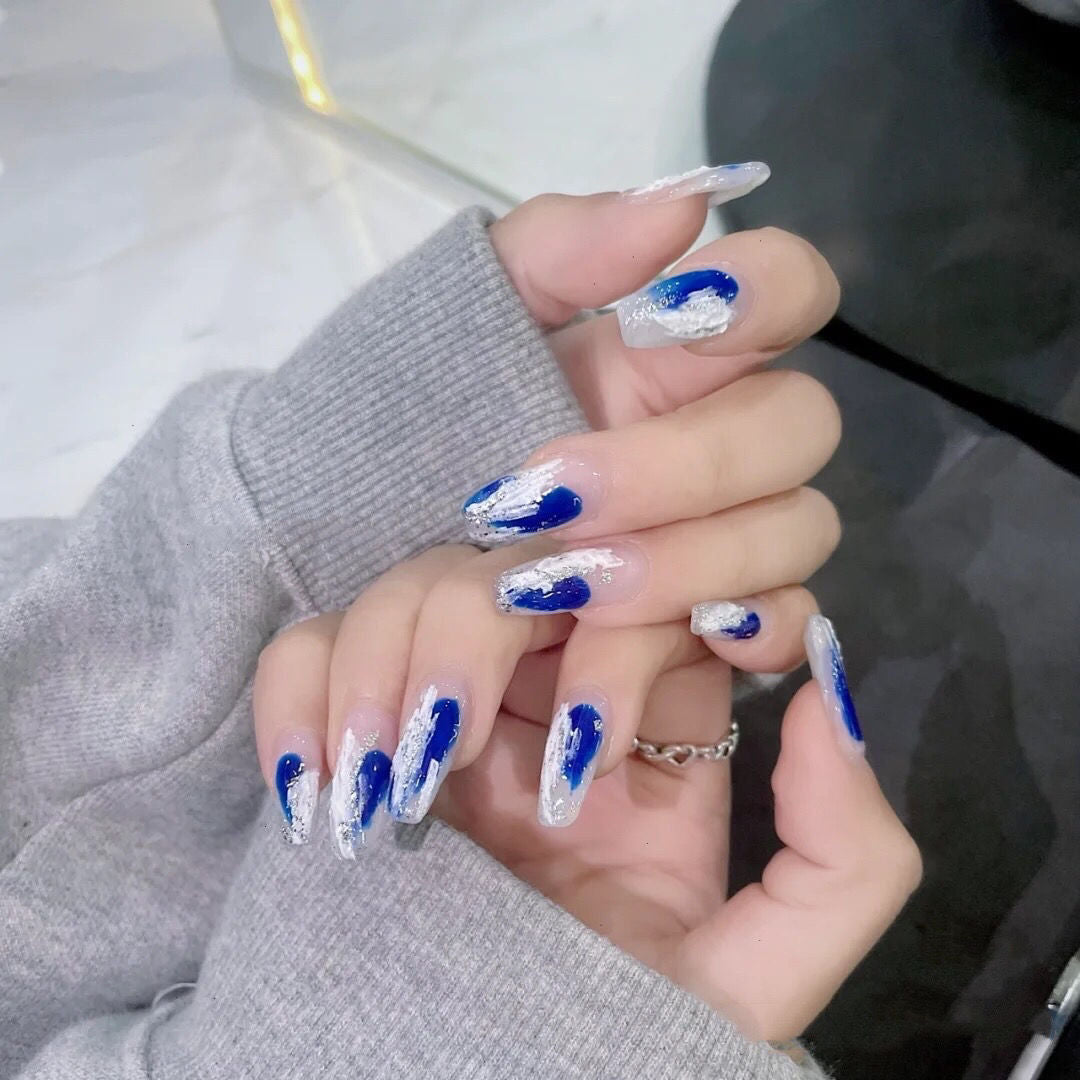 Designer: DuoDuo 1504.Handmade nails Press on Nails DIY Nail Art for woman girl Long Coffin blue white