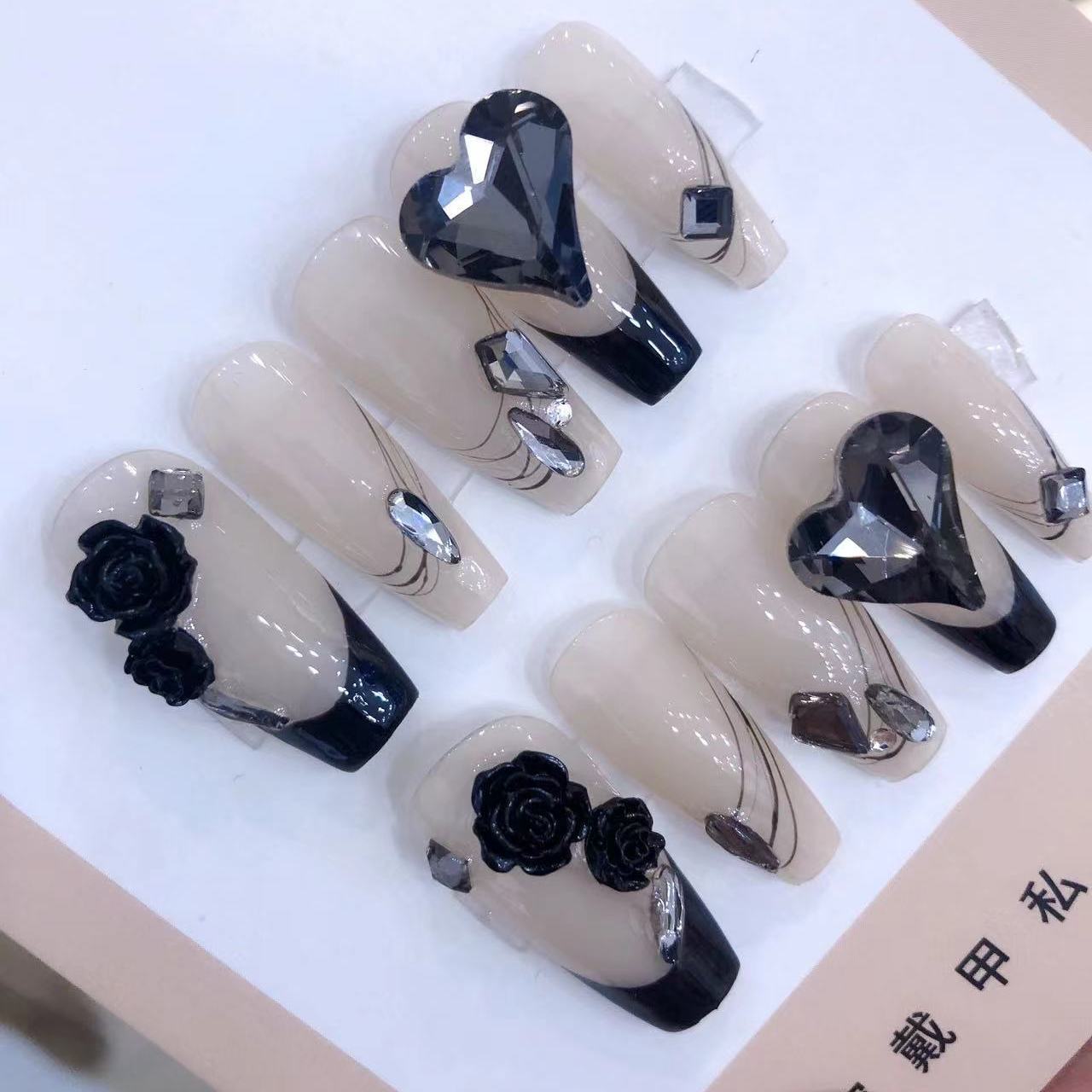 Designer: PinPin 1122.Handmade nails Press on Nails DIY Nail Art for woman girl Long Coffin pink black