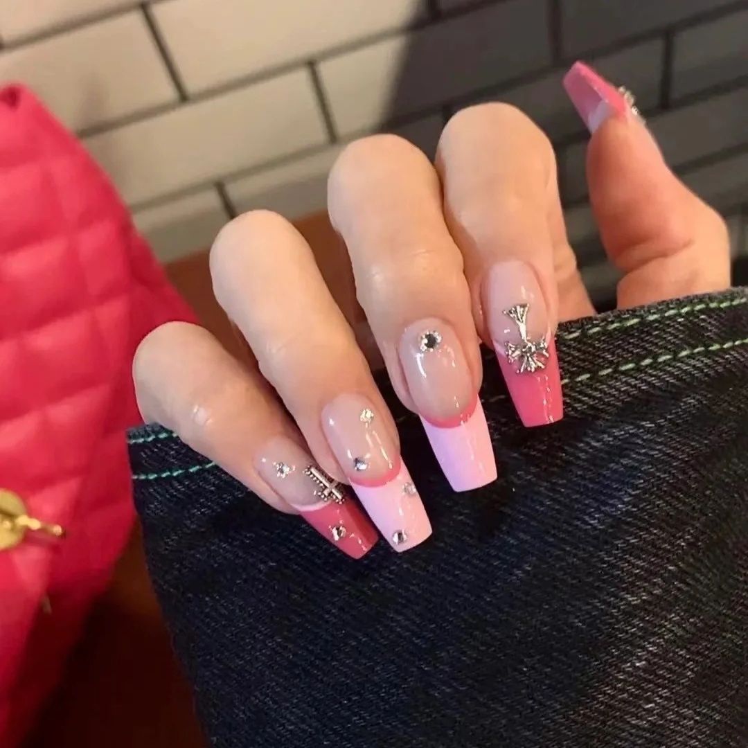 Designer: DuoDuo 1232.Handmade nails Press on Nails DIY Nail Art for woman girl French  Long Coffin pink
