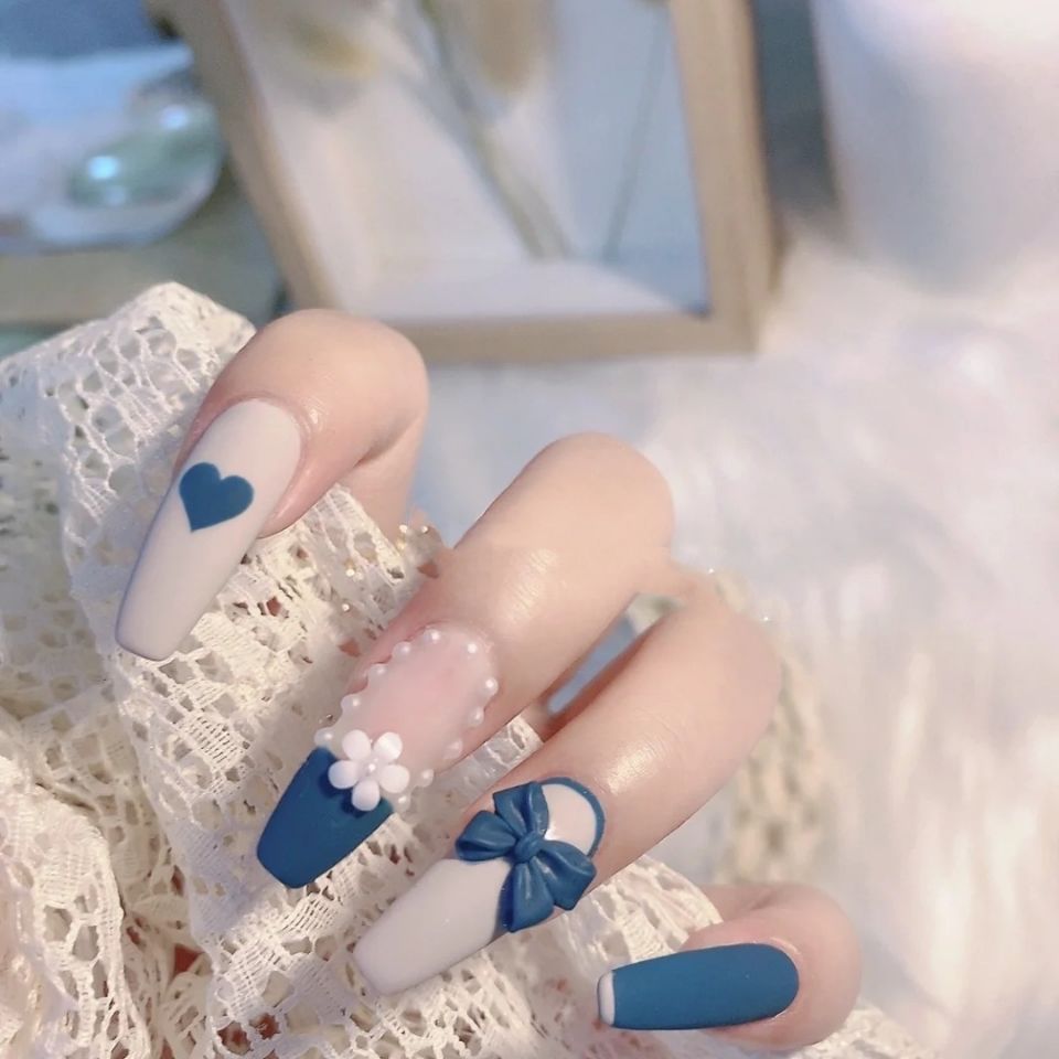 Designer: DuoDuo 1225.Handmade nails Press on Nails DIY Nail Art for woman girl Long Coffin blue white