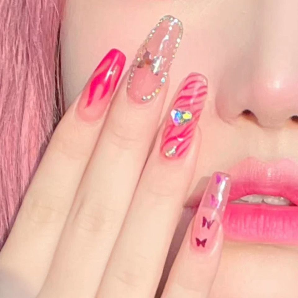 Designer: DuoDuo 2007.Handmade nails Press on Nails DIY Nail Art for woman girl Long Coffin pink Cartoon