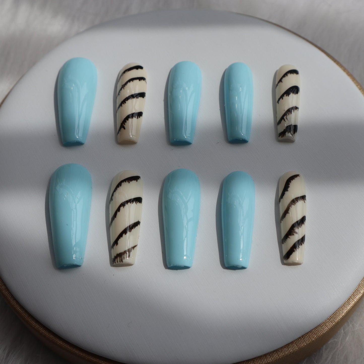 Designer: XinXin 79.Blue long T handmade nails Press on Nails DIY Nail