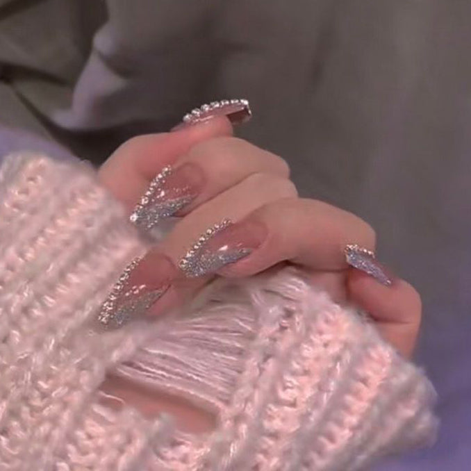 Designer: DuoDuo 3025.Handmade nails Press on Nails DIY Nail Art for woman girl Long Coffin pink rhinestone