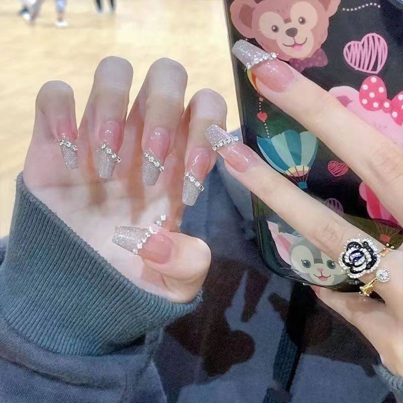 Designer: DuoDuo 1259.Handmade nails Press on Nails DIY Nail Art for woman girl French Long Coffin rhinestone pink