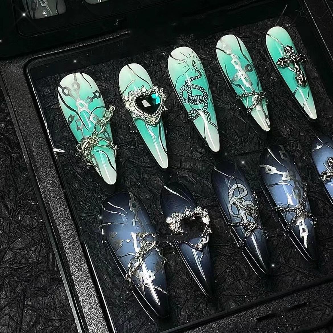 Designer: PinPin 1406.Handmade nails Press on Nails DIY Nail Art for woman girl Long Almond Metal green blue