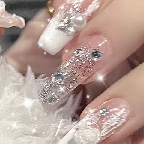 Designer: DuoDuo 1503.Handmade nails Press on Nails DIY Nail Art for woman girl Coffin wedding pink white Long