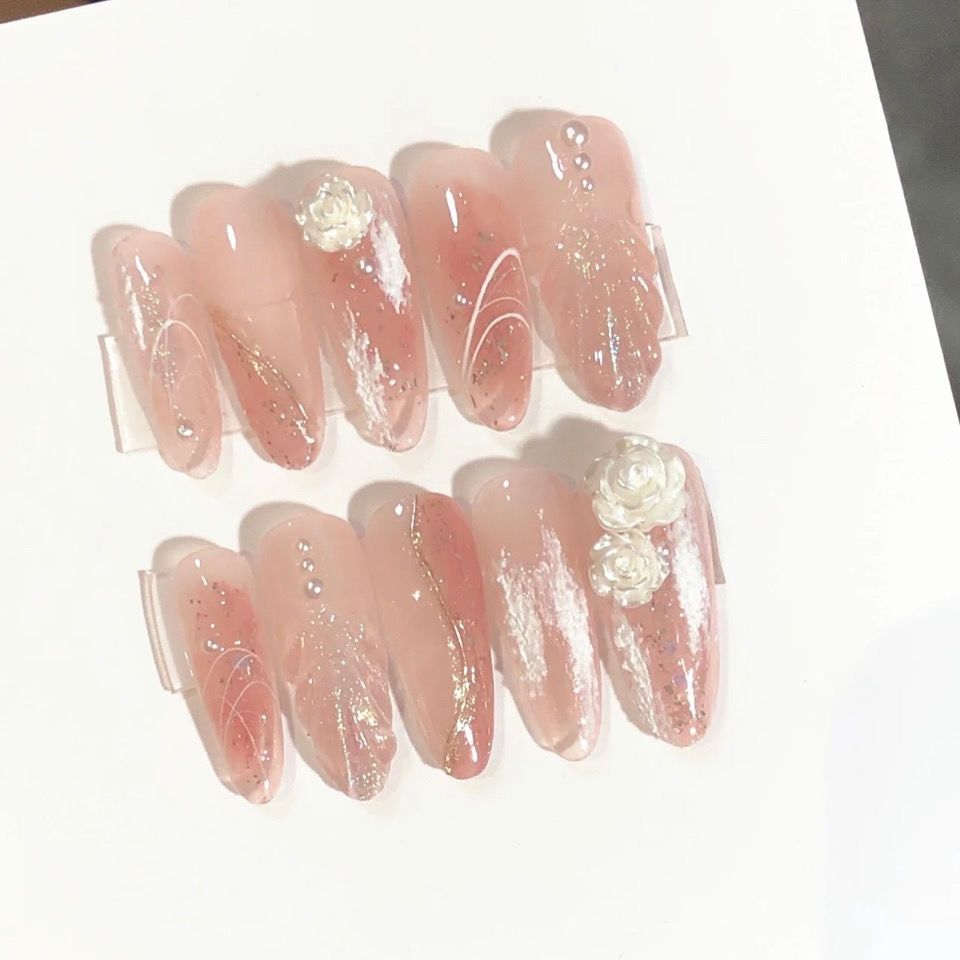 Designer: PinPin 1226.Handmade nails Press on Nails DIY Nail Art for woman girl  Almond Long pink