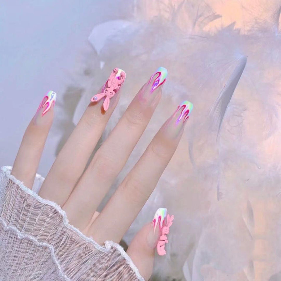 Designer: DuoDuo 2013.Handmade nails Press on Nails DIY Nail Art for woman girl Long Coffin pink