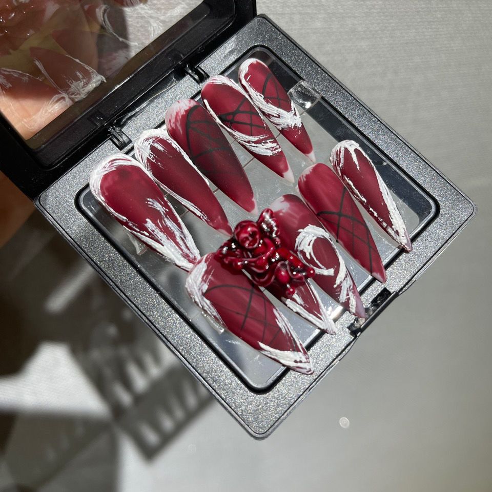 Designer: DuoDuo 1619.Handmade nails Press on Nails DIY Nail Art for woman girl Almond red Long