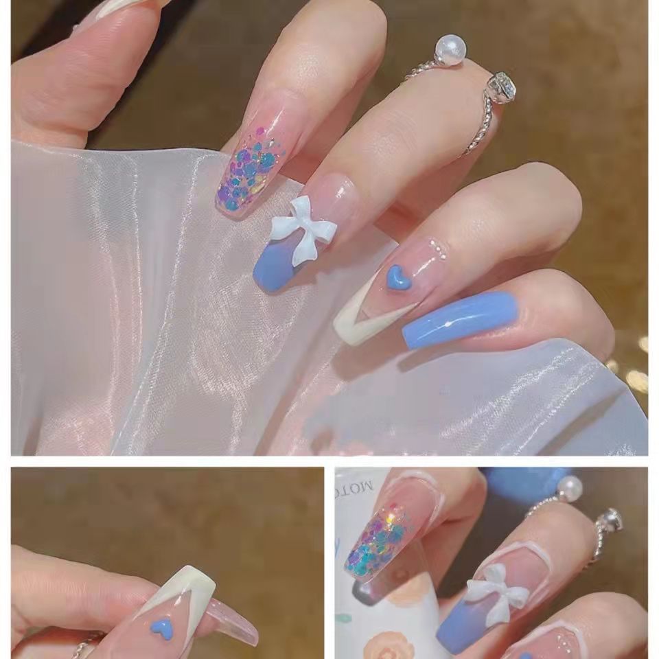 Designer: DuoDuo 1234.Handmade nails Press on Nails DIY Nail Art for woman girl French Long Coffin pink blue