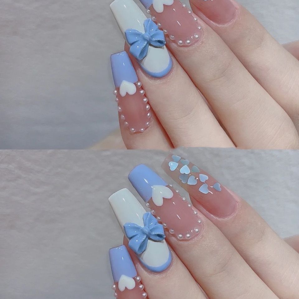 Designer: DuoDuo 1418.Handmade nails Press on Nails DIY Nail Art for woman girl Coffin Long French pink