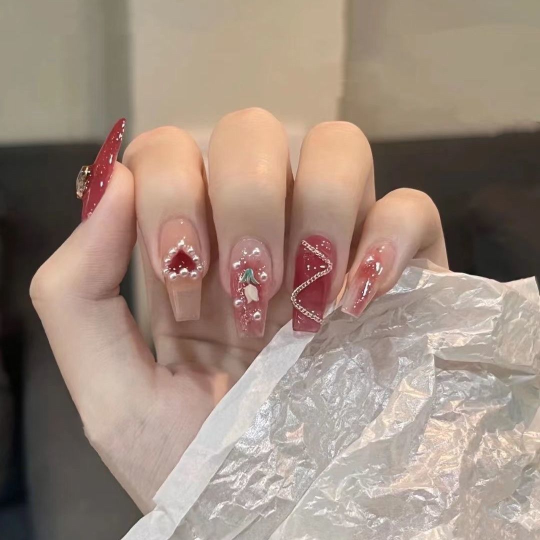 Designer: DuoDuo 2056.Handmade nails Press on Nails DIY Nail Art for woman girl Long Coffin pink