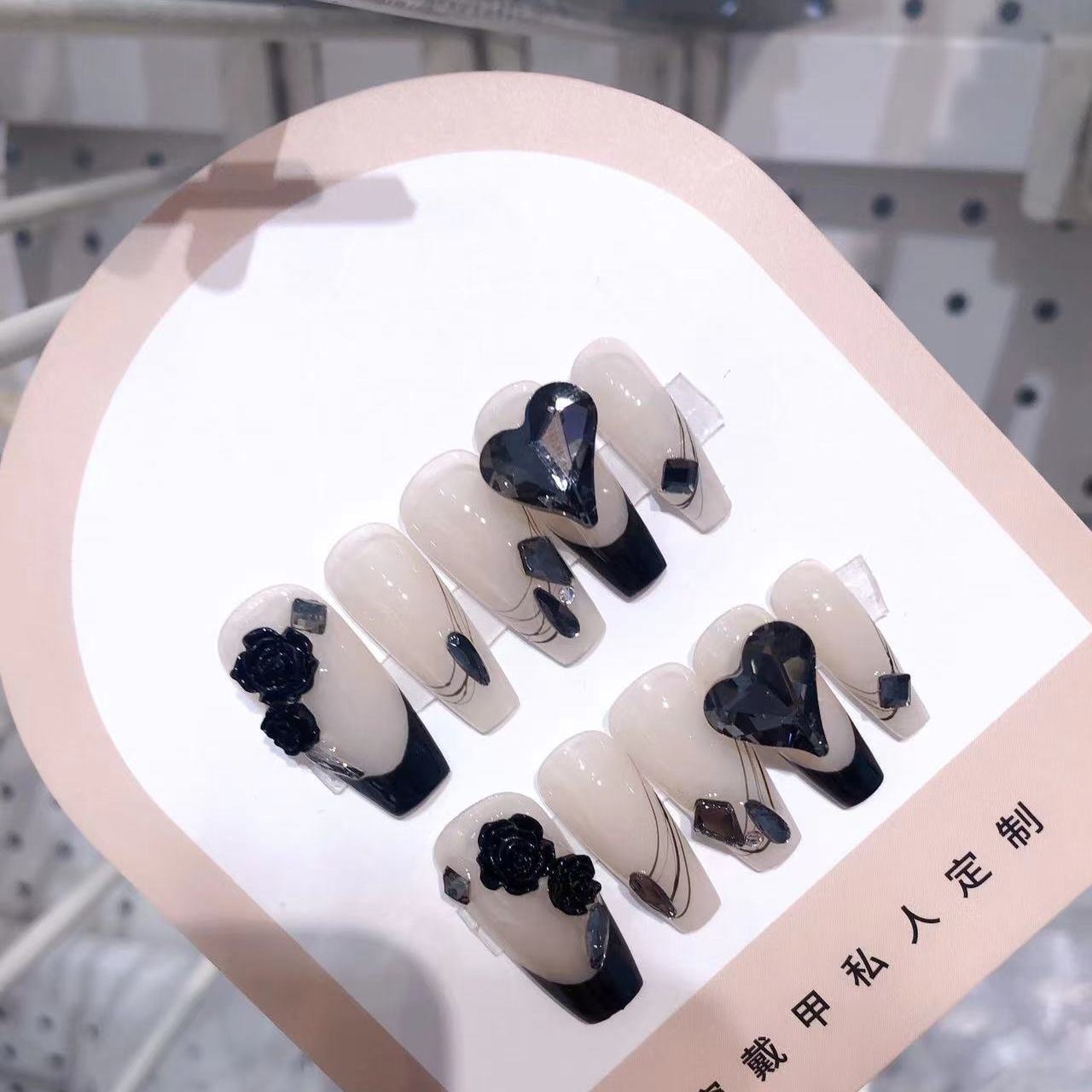 Designer: PinPin 1122.Handmade nails Press on Nails DIY Nail Art for woman girl Long Coffin pink black