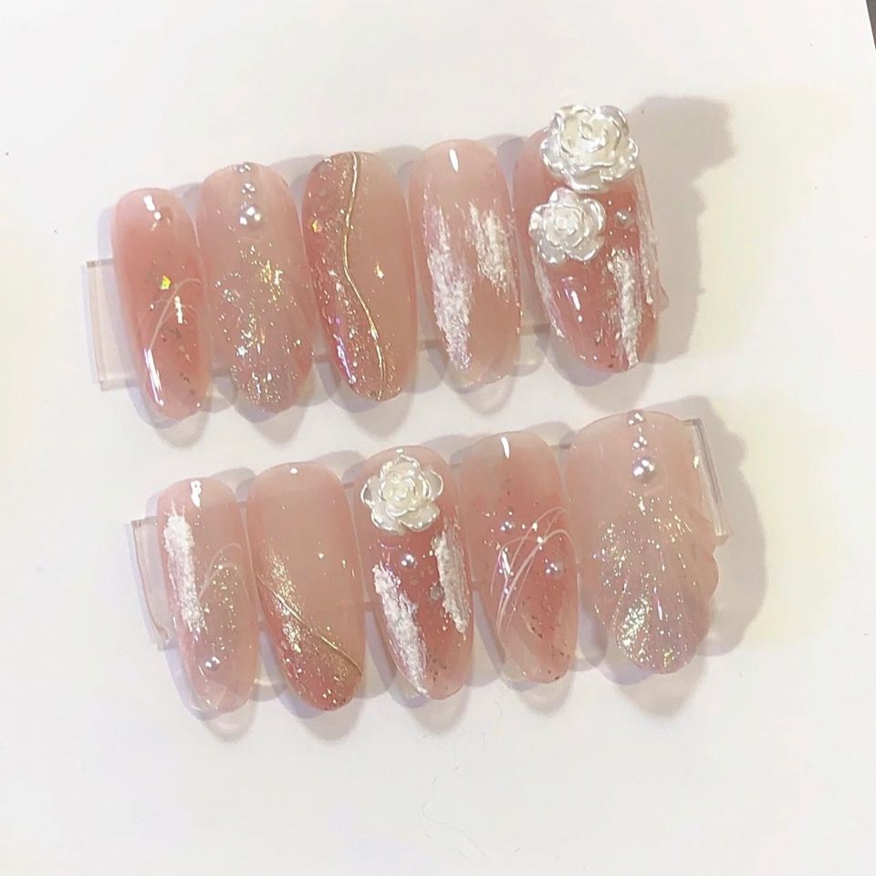 Designer: PinPin 3008.Handmade nails Press on Nails DIY Nail Art for woman girl Almond Long pink
