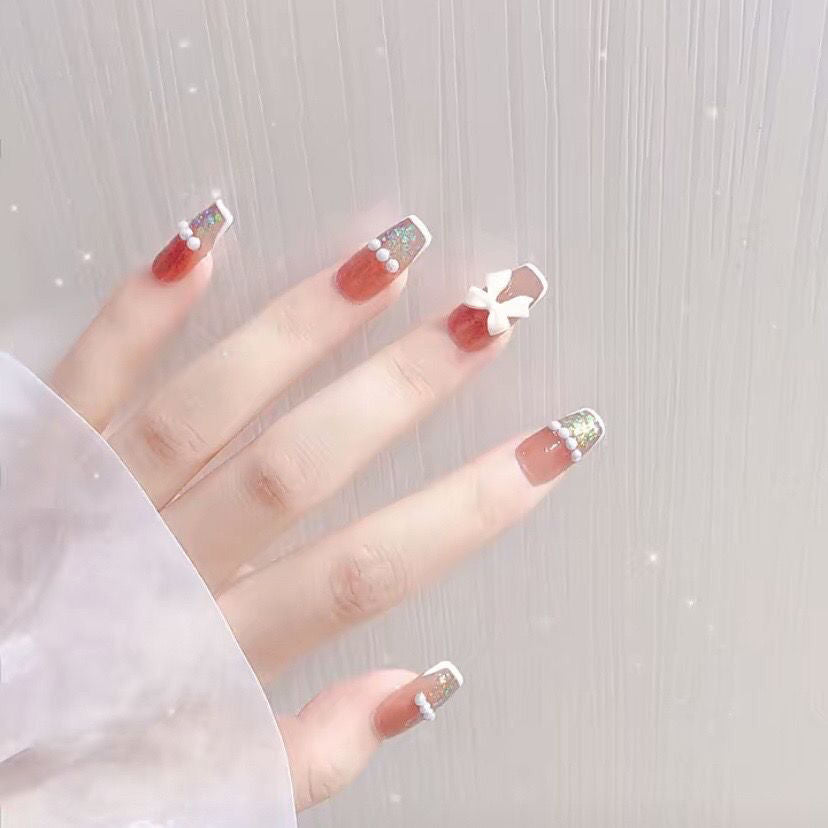 Designer: DuoDuo 1125.Handmade nails Press on Nails DIY Nail Art for woman girl Long Coffin pink