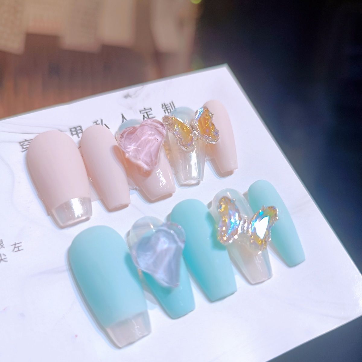 Designer: PinPin 3030.Handmade nails Press on Nails DIY Nail Art for woman girl Long Coffin pink blue