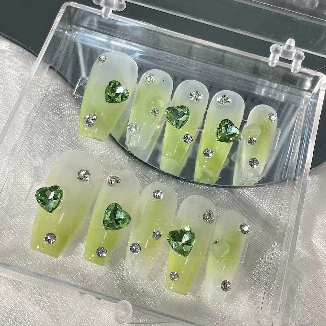 Designer: PinPin 1118.Handmade nails Press on Nails DIY Nail Art for woman girl green Long Coffin rhinestone