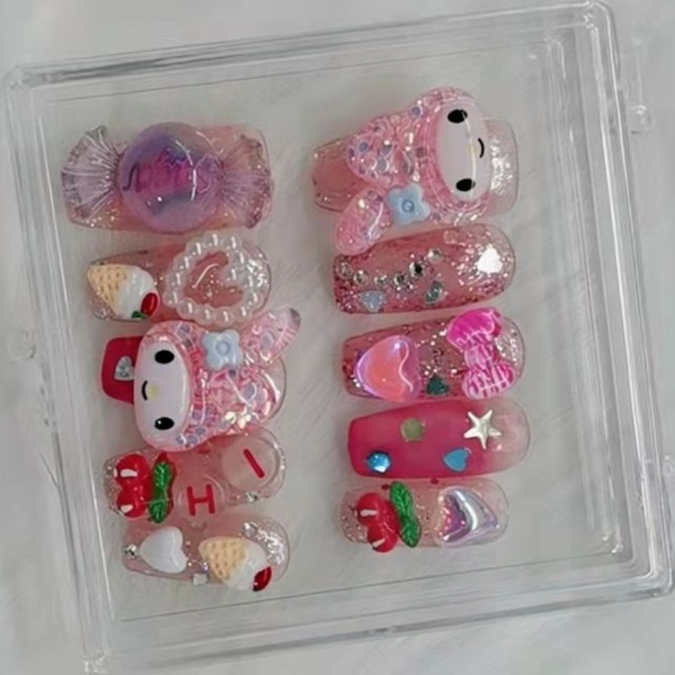 Designer: PinPin 1256.Handmade nails Press on Nails DIY Nail Art for woman girl child Coffin Cartoon red pink