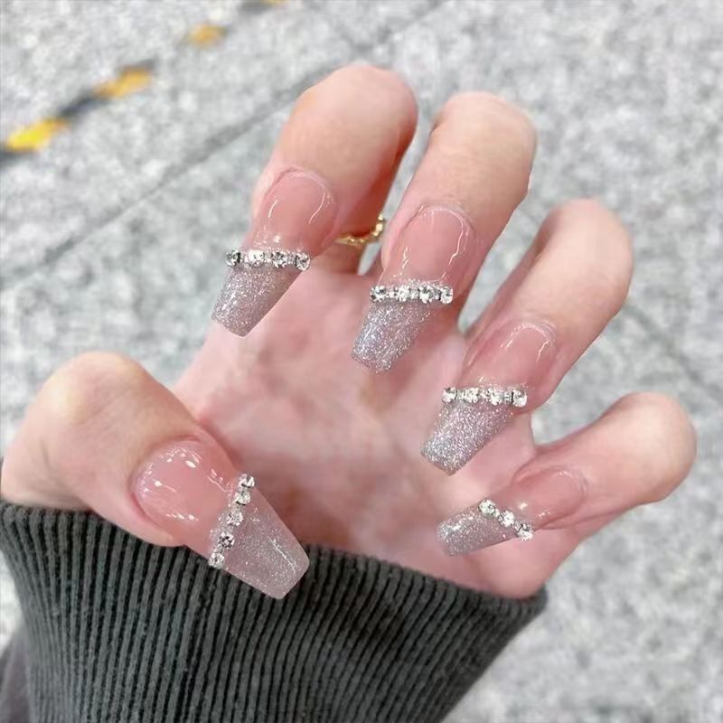 Designer: DuoDuo 1259.Handmade nails Press on Nails DIY Nail Art for woman girl French Long Coffin rhinestone pink