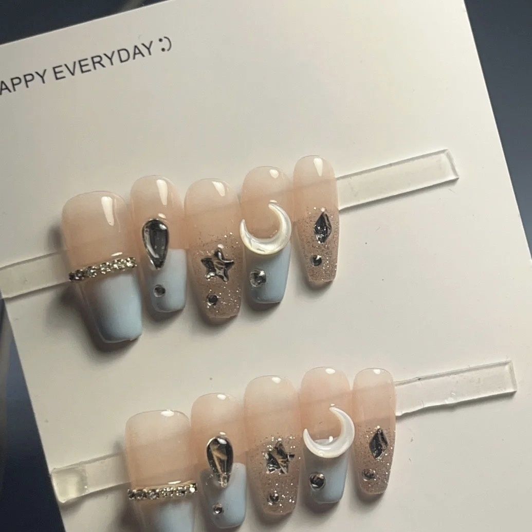 Designer: DuoDuo 2031.Handmade nails Press on Nails DIY Nail Art for woman girl Long Coffin pink