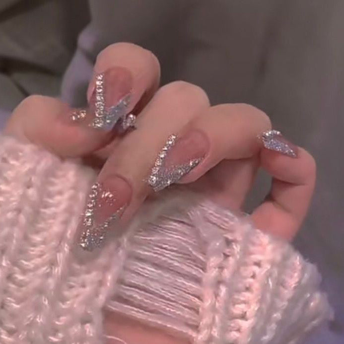 Designer: DuoDuo 3025.Handmade nails Press on Nails DIY Nail Art for woman girl Long Coffin pink rhinestone