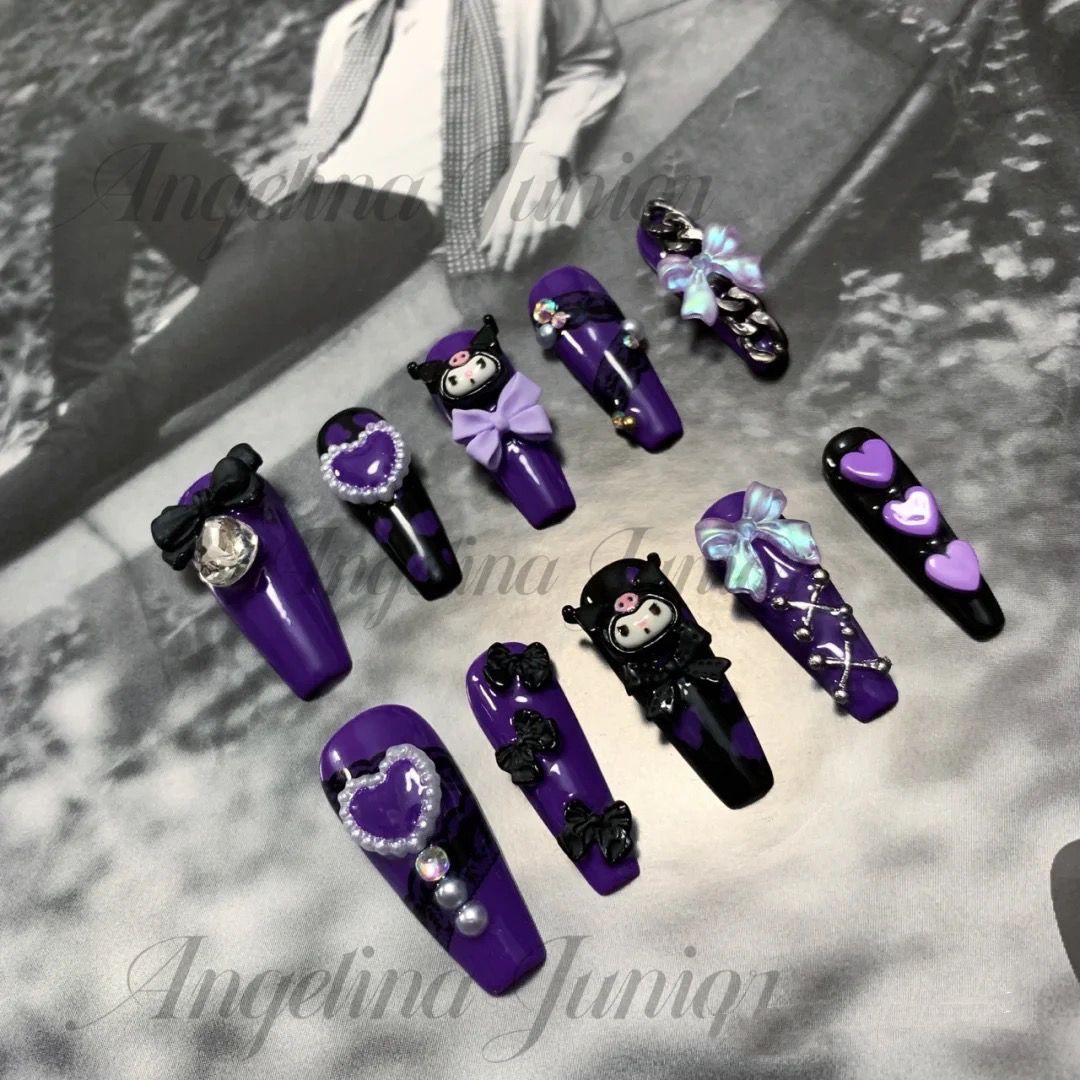 Designer: DuoDuo 1401.Handmade nails Press on Nails DIY Nail Art for woman girl Long Coffin purple Cartoon