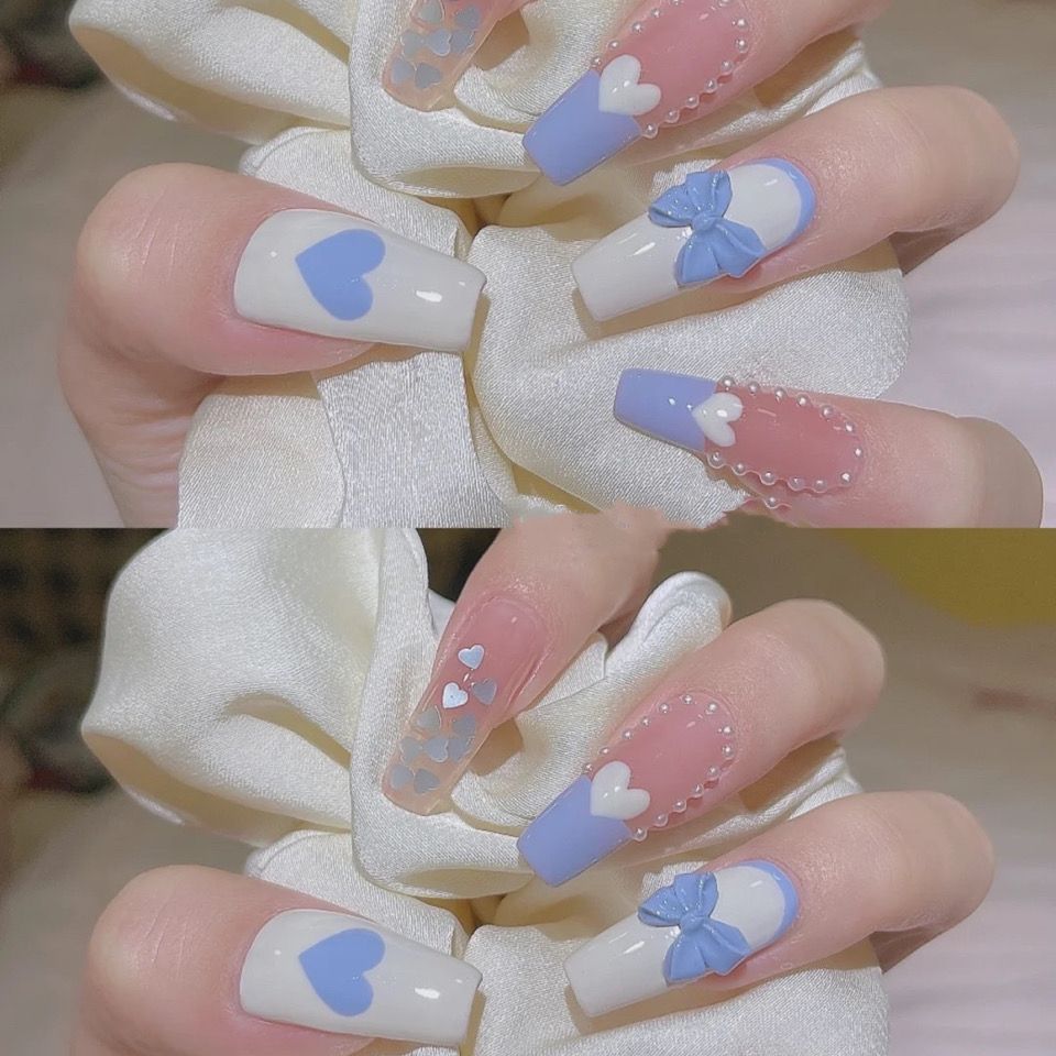 Designer: DuoDuo 1418.Handmade nails Press on Nails DIY Nail Art for woman girl Coffin Long French pink