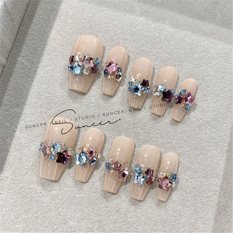 Designer: PinPin 1105.Handmade nails Press on Nails DIY Nail Art for woman girl Long Coffin pink rhinestone