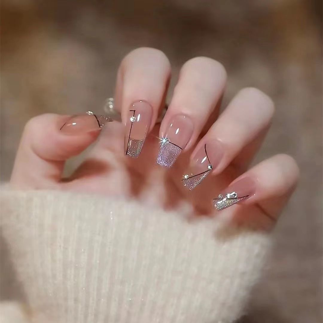 Designer: DuoDuo 1315.Handmade nails Press on Nails DIY Nail Art for woman girl French  Long Coffin pink wedding