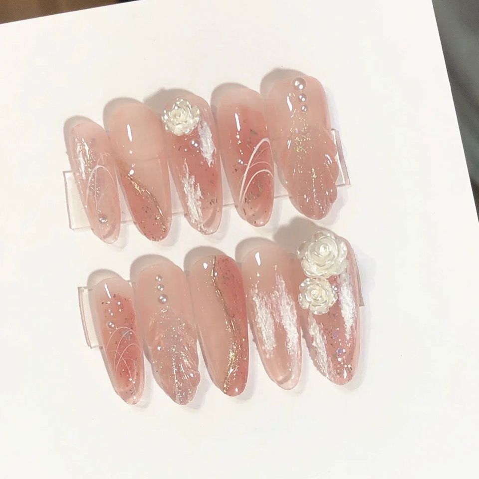Designer: PinPin 1226.Handmade nails Press on Nails DIY Nail Art for woman girl  Almond Long pink