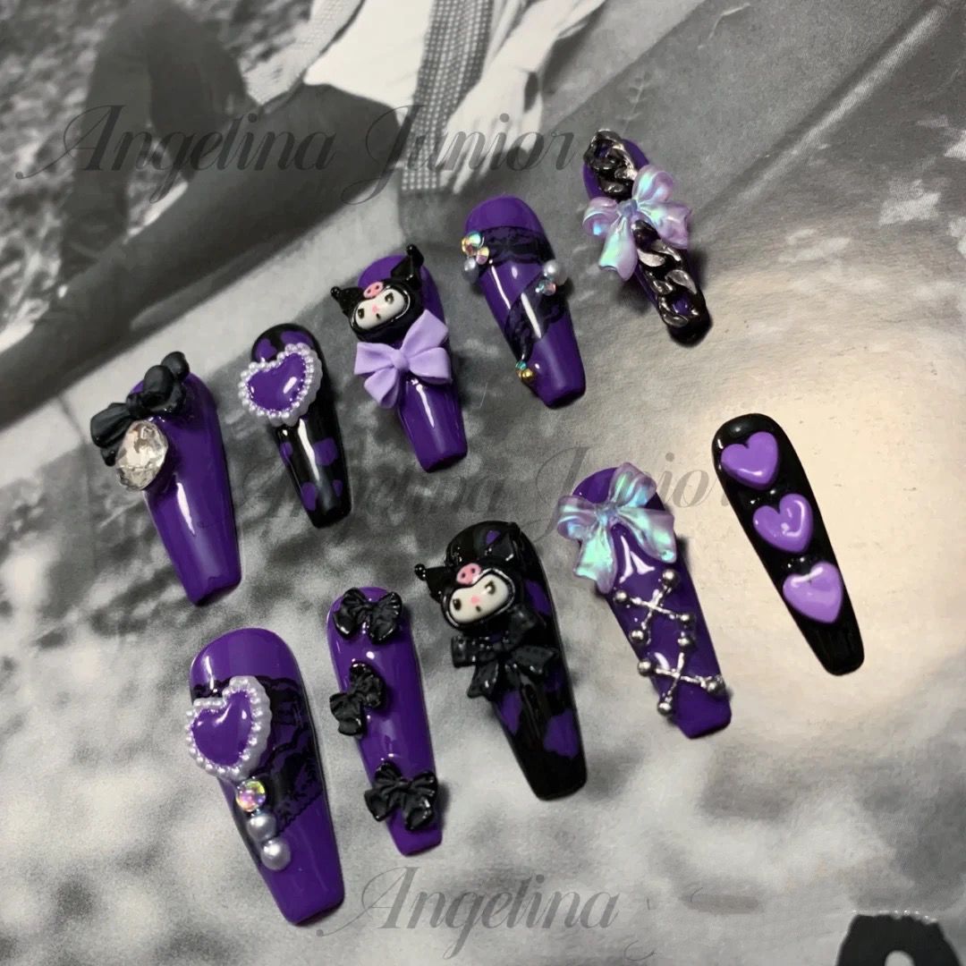 Designer: DuoDuo 1401.Handmade nails Press on Nails DIY Nail Art for woman girl Long Coffin purple Cartoon