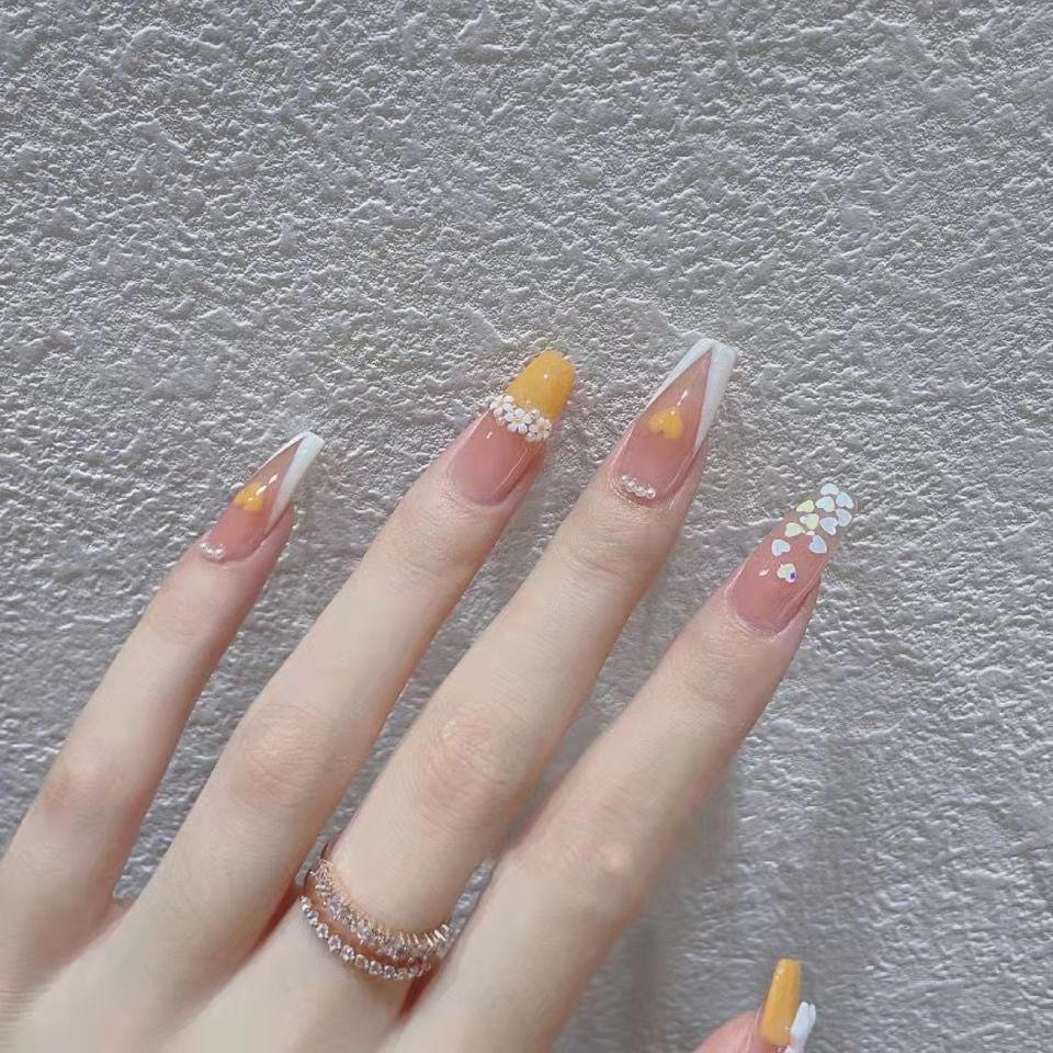Designer: DuoDuo 1235.Handmade nails Press on Nails DIY Nail Art for woman girl French Long Coffin pink