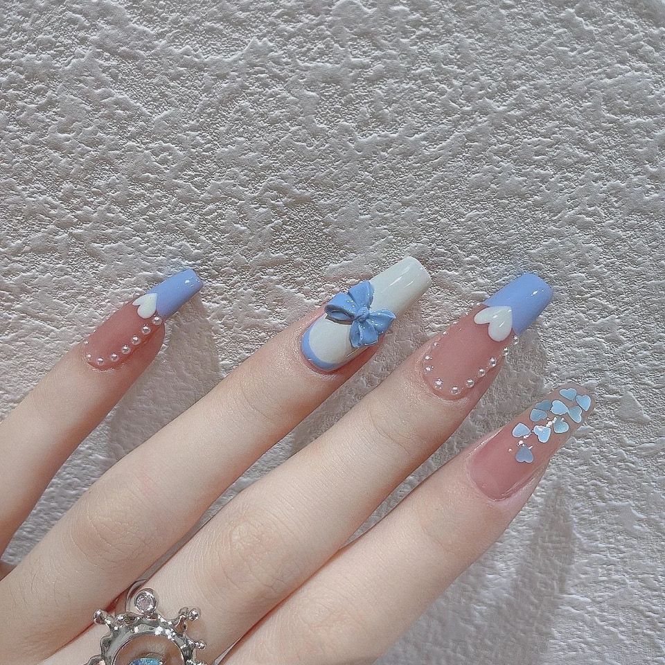 Designer: DuoDuo 1418.Handmade nails Press on Nails DIY Nail Art for woman girl Coffin Long French pink