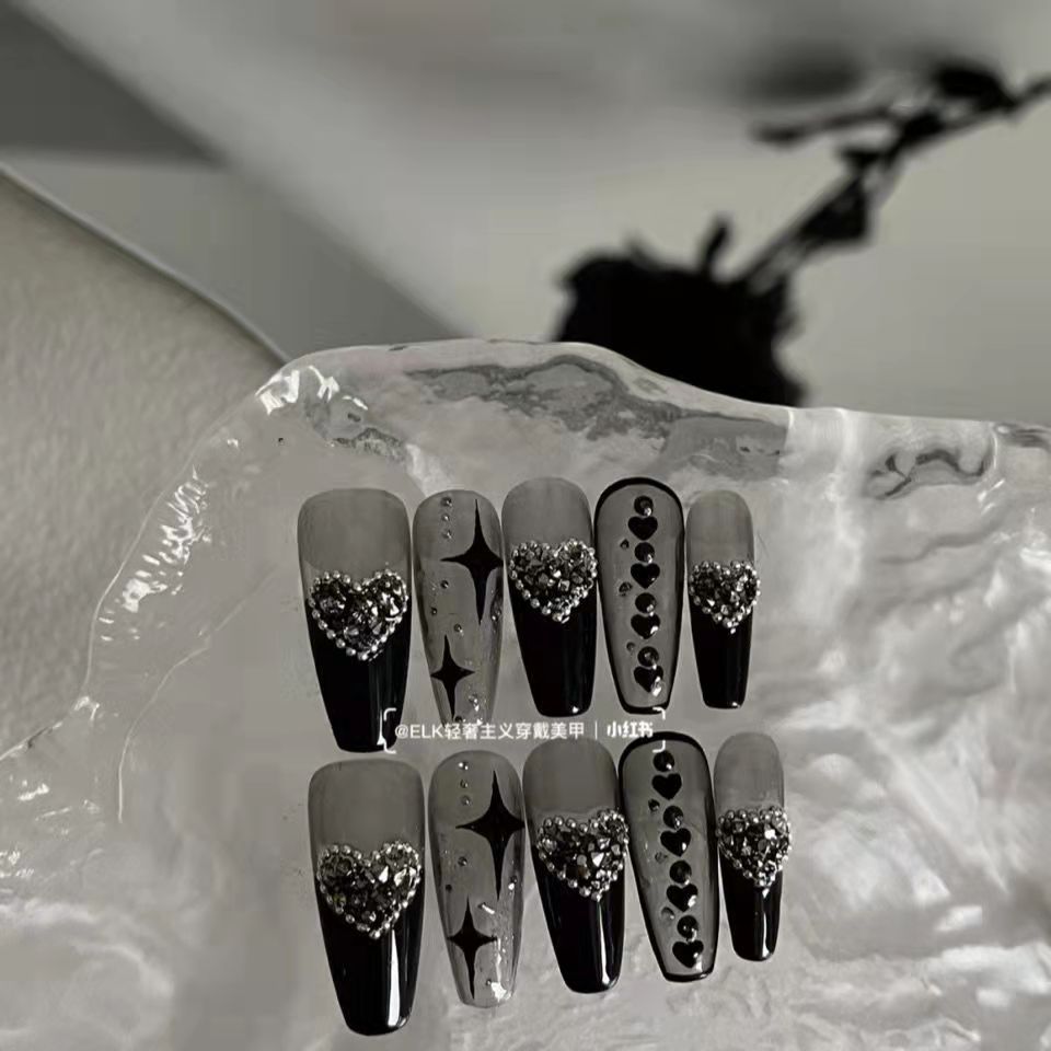 Designer: DuoDuo 1227.Handmade nails Press on Nails DIY Nail Art for woman girl Almond Long black