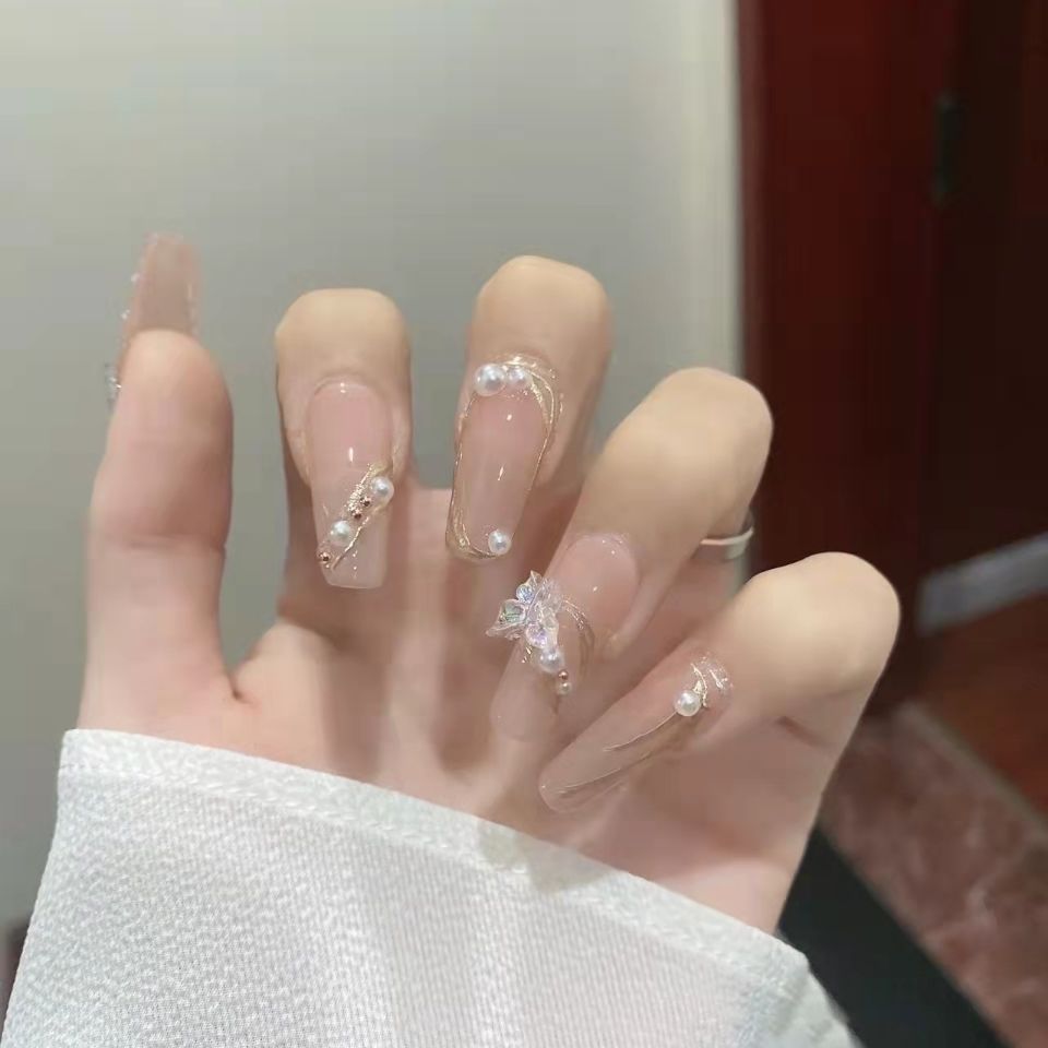 Designer: DuoDuo 1231.Handmade nails Press on Nails DIY Nail Art for woman girl Long Coffin pink