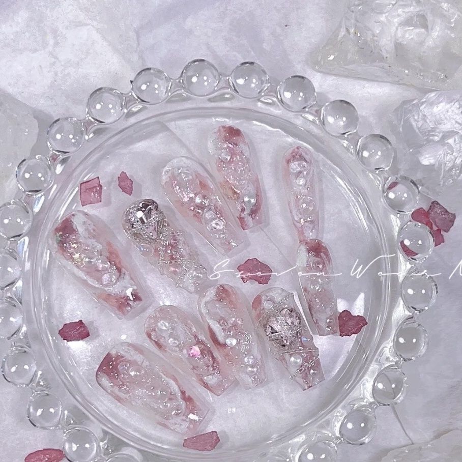 Designer: PinPin 1101.Handmade nails Press on Nails DIY Nail Art for woman girl Long Coffin pink white