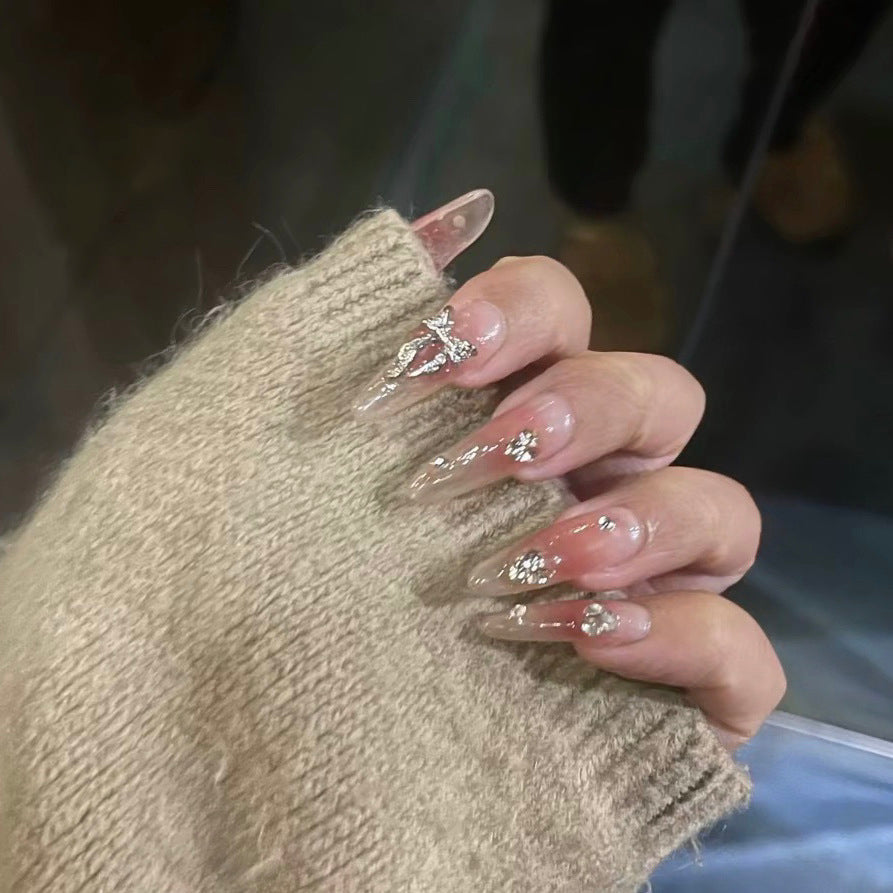 Designer: DuoDuo 2052.Handmade nails Press on Nails DIY Nail Art for woman girl Almond Long pink rhinestone