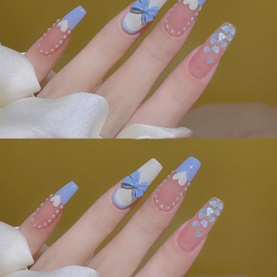Designer: DuoDuo 1418.Handmade nails Press on Nails DIY Nail Art for woman girl Coffin Long French pink